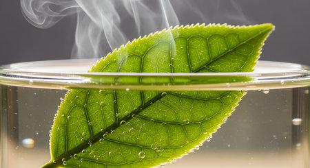 A macro, close-up shot of a fresh green tea leaf steeping in a glass of hot water. Steam is rising from the surface, and small air bubbles are clinging to the submerged part of the leaf. This represents herbal tea, freshness, and natural remedies.の素材