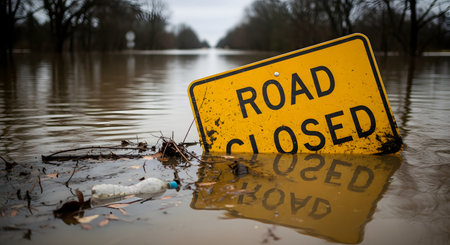 A yellow 'ROAD CLOSED' sign is partially submerged in murky floodwater on a flooded street, with its reflection visible. This powerful image represents the impact of natural disasters, severe weather, flooding, and climate change.の素材