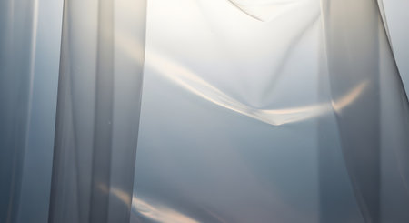 An abstract, minimalist close-up of a translucent plastic sheet or curtain. The soft, gentle folds and curves are backlit, creating a smooth, ethereal texture with subtle highlights and shadows. The color is a cool, light blue-gray.の素材
