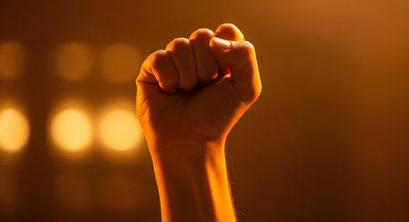 A person's clenched fist is raised high in the air, illuminated by warm, golden light against a dark background with soft bokeh lights. This gesture is a powerful symbol of protest, revolution, strength, and solidarity.の素材