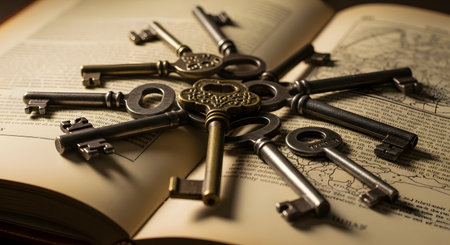 A collection of antique and vintage skeleton keys are scattered across the pages of an old, open book. The warm lighting highlights the intricate designs, symbolizing knowledge, finding solutions, unlocking secrets, and discovering opportunities.の素材