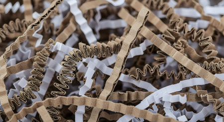 A macro close-up of mixed shredded paper filler, including brown corrugated cardboard and white paper. The crinkle-cut strips are tangled together. This texture is used for packaging, shipping, or gift box cushioning.の素材
