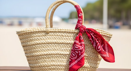 A woven straw beach bag with a red paisley bandana tied to its handle sits on a wooden surface with a sunny, blurred beach in the background. The image evokes feelings of summer vacation, relaxation, fashion accessories, and a day by the sea.の素材