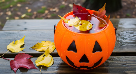 An orange plastic jack-o'-lantern candy bucket, left on a wet wooden bench in the rain. The bucket is filled with rainwater and colorful, wet autumn leaves, evoking a sense of forgotten Halloween.の素材