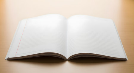 An open notebook with blank, lined pages rests on a smooth wooden desk, ready for writing, studying, or journaling. The clean and simple composition is perfect for concepts related to education, work, creativity, and new beginnings.の素材