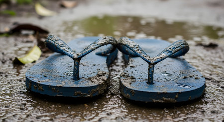 A pair of blue flip-flop sandals are left abandoned and covered in mud on a wet, earthy ground after a rain shower. The image evokes a sense of simple rural life, rainy seasons, or a messy outdoor adventure.の素材