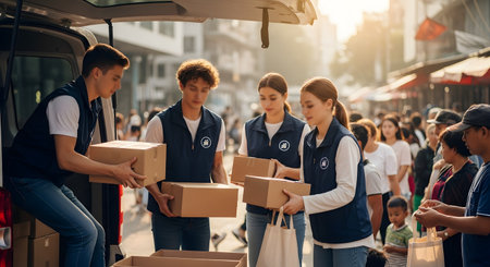 A team of young male and female volunteers in matching vests unloads cardboard boxes from a van to distribute humanitarian aid. They are handing out relief supplies to a crowd of people in a busy city street, representing charity and community support.の素材
