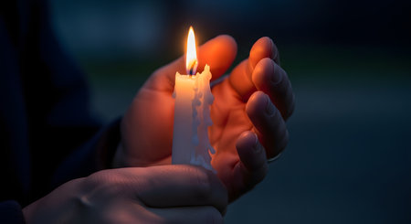 A close-up of a person's hands cupped protectively around a single lit white candle in a dark setting. The flame glows warmly, illuminating the hands, and melted wax drips down the side of the candle. This image evokes hope, prayer, remembrance, or a vigil.の素材