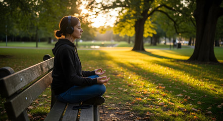 A young woman sits in a meditative lotus pose on a park bench, wearing headphones with her eyes closed. The warm, golden light of the setting sun filters through the trees, creating a serene atmosphere of peace, mindfulness, and mental wellness.の素材