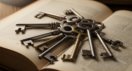 A pile of various vintage and skeleton keys, in brass and silver metal tones, rests on the pages of an open, old book. The soft, warm lighting suggests concepts of knowledge, mystery, secrets, solutions, or finding the right answer.の素材