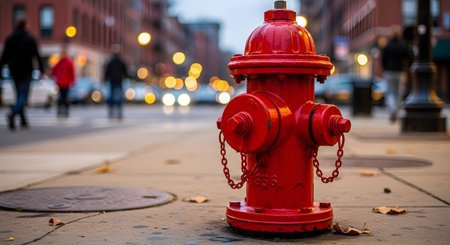 A vibrant red fire hydrant stands on a city sidewalk, with the background beautifully blurred to show out-of-focus street activity and bokeh lights. This iconic urban object represents public safety, emergency services, and city life.の素材