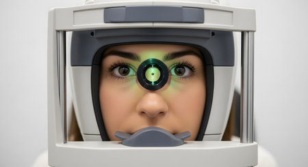 A close-up of a young woman's face looking into an autorefractor, an ophthalmic machine for an eye exam. A green light is focused on her pupil as the machine tests her vision.の素材