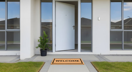 The open front door of a modern suburban house with large windows reveals a welcoming entrance. A 'WELCOME' doormat sits on the clean porch, inviting guests and representing hospitality, real estate, and homeownership.の素材