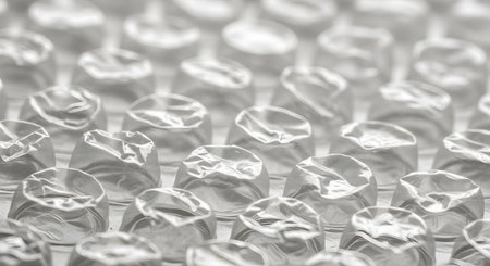 A close-up, monochrome macro photograph of plastic bubble wrap with many of the bubbles popped or deflated. The image provides a detailed texture background related to packaging, shipping, stress relief, or protection.の素材