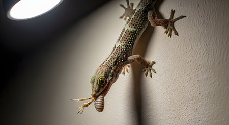 A close-up shot of a gecko on a textured wall at night, attracted by a nearby light. The lizard has a large insect, possibly a cricket, in its mouth and is in the process of eating it. This image captures a moment of predation in nature.の素材