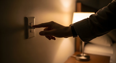 A person's hand is shown turning off a light switch on a wall in a dimly lit bedroom at night, with a lamp on a nightstand in the background. This action symbolizes saving energy, conservation, reducing electricity costs, and bedtime routines.の素材