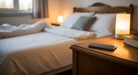 A tranquil and cozy bedroom scene with a neatly made bed in the background. In the foreground, a smartphone and a book rest on a wooden bedside table next to a warm, glowing lamp, suggesting relaxation and bedtime routines.の素材