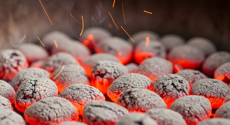 A close-up shot of hot charcoal briquettes glowing red and orange in a barbecue grill. The briquettes are covered in white ash, and small sparks are flying up. This image represents grilling, heat, and summer barbecues.の素材