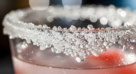 An extreme macro close-up of the rim of a cocktail glass, encrusted with coarse salt or sugar crystals. The pink or red beverage is visible inside the glass, and the background is a blurred bokeh of bar lights. This image represents cocktails, margaritas, and nightlife.の素材