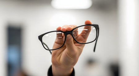 A person's hand holds up a pair of black-framed eyeglasses against a blurred, bright indoor background. The image focuses on the glasses, representing concepts like vision, clarity, focus, perspective, and intelligence.の素材