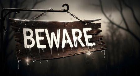 A weathered, dark wooden sign with the word 'BEWARE' in white, dripping letters hangs from a rusty chain. The background is a dark, spooky, and foggy forest with rain falling. This image evokes feelings of horror, danger, and Halloween.の素材