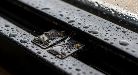 A macro shot of a dirty, black sliding window or door track filled with dirt and covered in raindrops. The image highlights the need for home maintenance and cleaning, showing the effects of weather and neglect.の素材