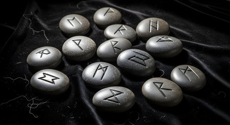 A collection of gray, smooth rune stones, each carved with a different symbol from the Norse alphabet (Elder Futhark). The stones are scattered on a dark, black velvet cloth, suggesting fortune-telling, divination, or ancient magic.の素材