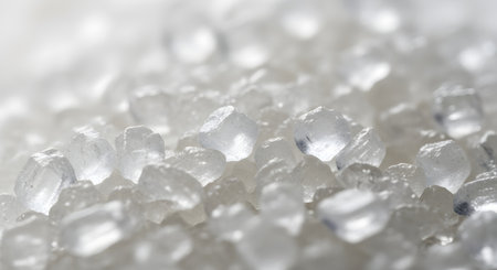 An extreme close-up, macro photograph of white sugar or salt crystals, highlighting their geometric shapes and translucent quality. This abstract, bright background is perfect for themes related to food, ingredients, sweetness, or chemistry.の素材