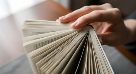 A close-up view of a hand rapidly flicking or riffling through the pages of a book. This action suggests searching for information quickly, browsing, or the simple tactile pleasure of handling a physical book. The pages are blurred with motion.の素材