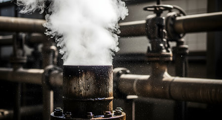 A close-up of a grimy, bolted industrial pipe releasing a thick plume of white steam or vapor. The background is a dark, complex network of other pipes and valves in a factory or power plant.の素材