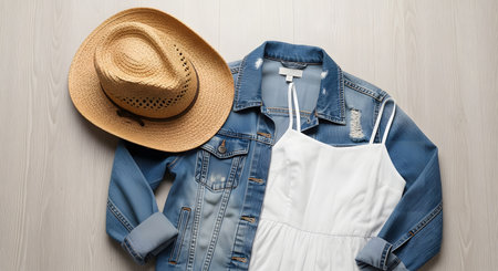 A flat lay of a casual women's outfit on a light wood background, featuring a distressed denim jacket, a simple white sundress, and a straw fedora hat. This composition suggests a relaxed, summer, country, or western fashion style.の素材