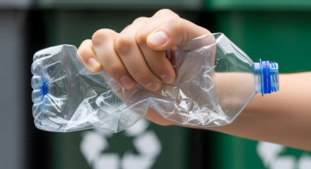 A person's hand is firmly squeezing and crushing a clear plastic water bottle, preparing it for recycling. In the background, a green recycling bin with the universal recycling symbol is visible, reinforcing the theme of environmental responsibility and waste reduction.の素材