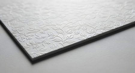 A macro close-up of a white paper or cardstock with an elegant, embossed floral and vine pattern. The raised, textured design adds a sophisticated and decorative feel, suitable for wedding invitations or formal stationery.の素材