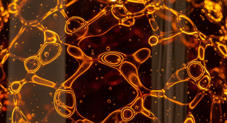 An abstract macro photograph of the inside of a lava lamp. Glowing orange and golden blobs of viscous liquid merge and separate as they float in a darker fluid, creating a mesmerizing and retro pattern.の素材