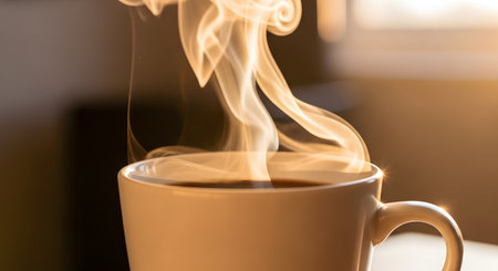 A close-up shot of hot steam rising from a white ceramic mug filled with dark coffee or tea. The background is softly blurred with warm, golden sunlight, creating a cozy and comforting atmosphere. This image represents morning, warmth, and relaxation.の素材