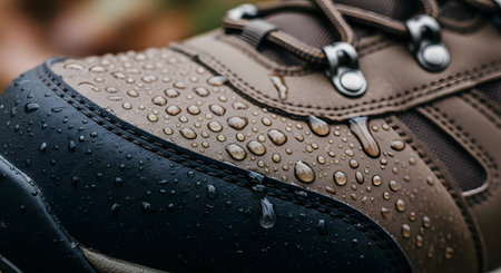 A macro close-up shot of a brown and black waterproof hiking boot. Numerous small water droplets are beaded up on the treated leather and fabric surface, demonstrating its hydrophobic and water-resistant qualities. The image is suitable for outdoor, adventure, and gear concepts.の素材