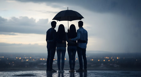 A silhouette of four people, likely two couples, standing close together under a single black umbrella. They are seen from behind, overlooking a city skyline with blurred lights in the distance during a rain shower. The image conveys themes of friendship, love, protection, and shared moments.の素材