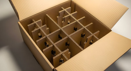 An open, empty cardboard box with a grid of cardboard dividers inside, designed for shipping fragile items like wine bottles. The shot is from a high angle, showing the structure of the protective packaging.の素材