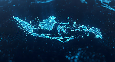 A digital, futuristic map of Indonesia, showing the archipelago's islands formed by glowing blue light, nodes, and connecting lines on a dark, abstract background. This image represents technology, data, connectivity, and the digital network within Indonesia.の素材