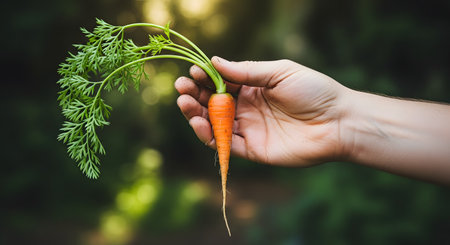 A person's hand holds up a single, freshly picked organic carrot with lush green tops still attached and bits of soil on the skin. The blurred green garden background highlights concepts of healthy eating, organic farming, and harvesting fresh produce.の素材