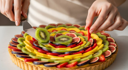 A close-up of a baker's hands meticulously arranging fresh fruit slices on a large tart. The dessert is beautifully decorated with concentric circles of kiwi, mango, figs, and strawberries, showcasing professional pastry art.の素材