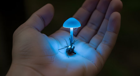A close-up of a person's open palm holding a single, tiny, magical-looking mushroom that is glowing with a bright blue bioluminescent light. The setting is dark, highlighting the mushroom's ethereal glow. This represents fantasy, magic, nature, and discovery.の素材