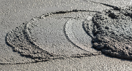 A close-up, macro shot of freshly poured wet grey concrete or cement. The surface is textured with aggregate and bubbles, and a swirl pattern from a trowel is visible, indicating recent construction or finishing work.の素材
