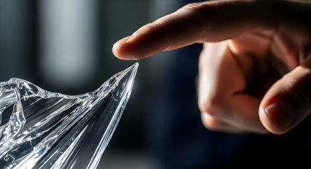 A dramatic close-up of a person's finger pointing towards the extremely sharp point of a piece of broken, clear plastic. The lighting highlights the shard's dangerous edge, symbolizing risk, danger, caution, and the fragility of materials.の素材