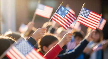A close-up shot focusing on the hands of children in a crowd, all holding and waving small American flags. The scene is brightly lit with warm sunlight, suggesting an outdoor celebration like the 4th of July, Memorial Day, or a patriotic parade. The focus is on the flags and the sense of community.の素材