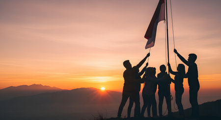 A silhouette of a group of friends working together to raise the Indonesian flag on a mountaintop at sunrise. The stunning landscape and cooperative spirit represent patriotism, teamwork, adventure, and celebrating Indonesia's Independence Day.の素材