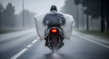 A rear view of a person riding a motorcycle on a wet road during a heavy rainstorm. The rider is wearing a clear plastic poncho that is billowing in the wind. The road is slick, and the background is grey and misty, conveying a sense of commuting in bad weather.の素材