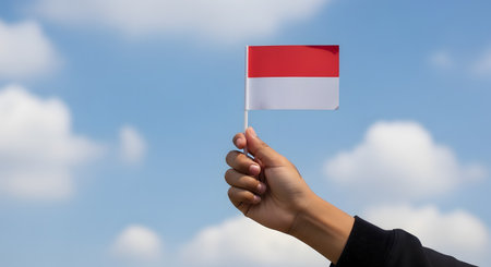 A person's hand holds a small Indonesian flag (red and white) on a stick, waving it against a bright blue sky with fluffy white clouds. The image represents Indonesian patriotism, independence day, and national pride.の素材