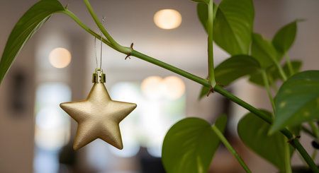 A single, gold, star-shaped Christmas ornament hangs from the green stem of a leafy houseplant (pothos). The background is blurred with soft, warm bokeh lights. This image represents a simple, modern, or alternative holiday decoration.の素材