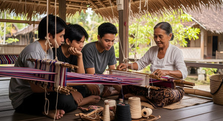 An elderly Indonesian woman teaches three attentive young boys the traditional art of weaving on a handloom. This heartwarming scene of intergenerational knowledge transfer takes place in a rustic village home, celebrating culture, heritage, and family bonds.の素材